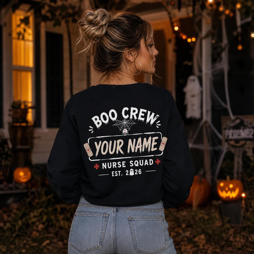 Personalized Halloween Nurse Sweatshirt Custom Name Boo Boo Crew Ghost Graphic RN LPN CNA Nurse Gift