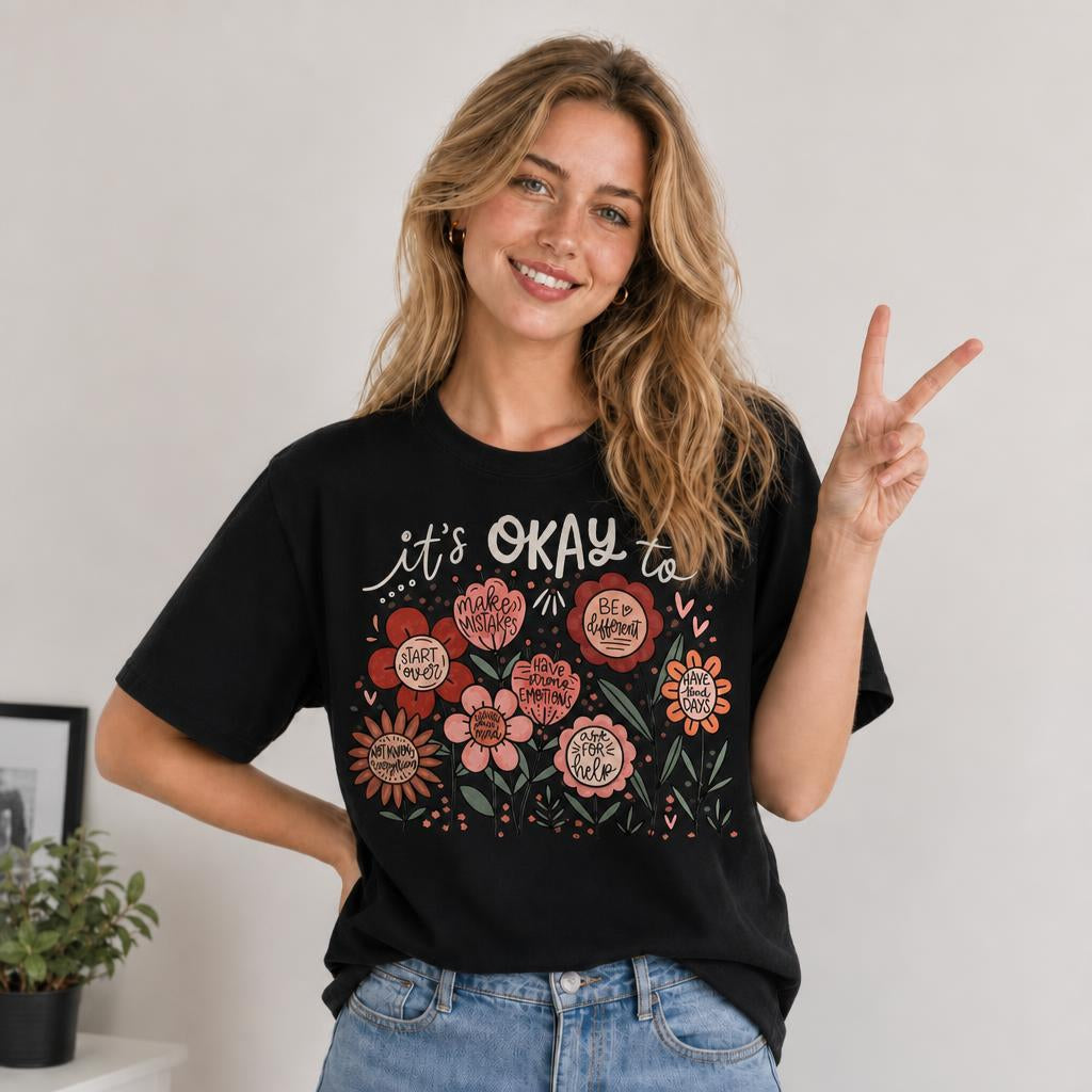 Custom It's Okay Floral Teacher Shirt Mental Health Awareness T-Shirt
