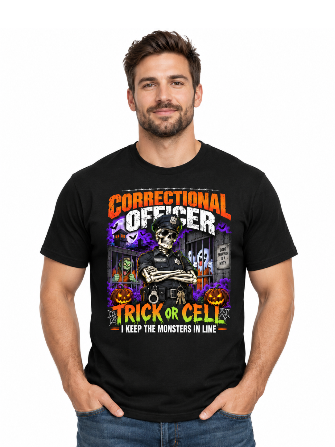 Custom "Trick or Cell" Halloween Correctional Officer T-Shirt — Personalized Front & Back Graphic Tee