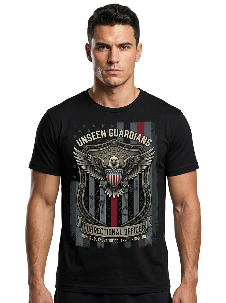 Personalized "Unseen Guardians" Correctional Officer T-Shirt — Thin Red Line Eagle Crest (Front & Back)