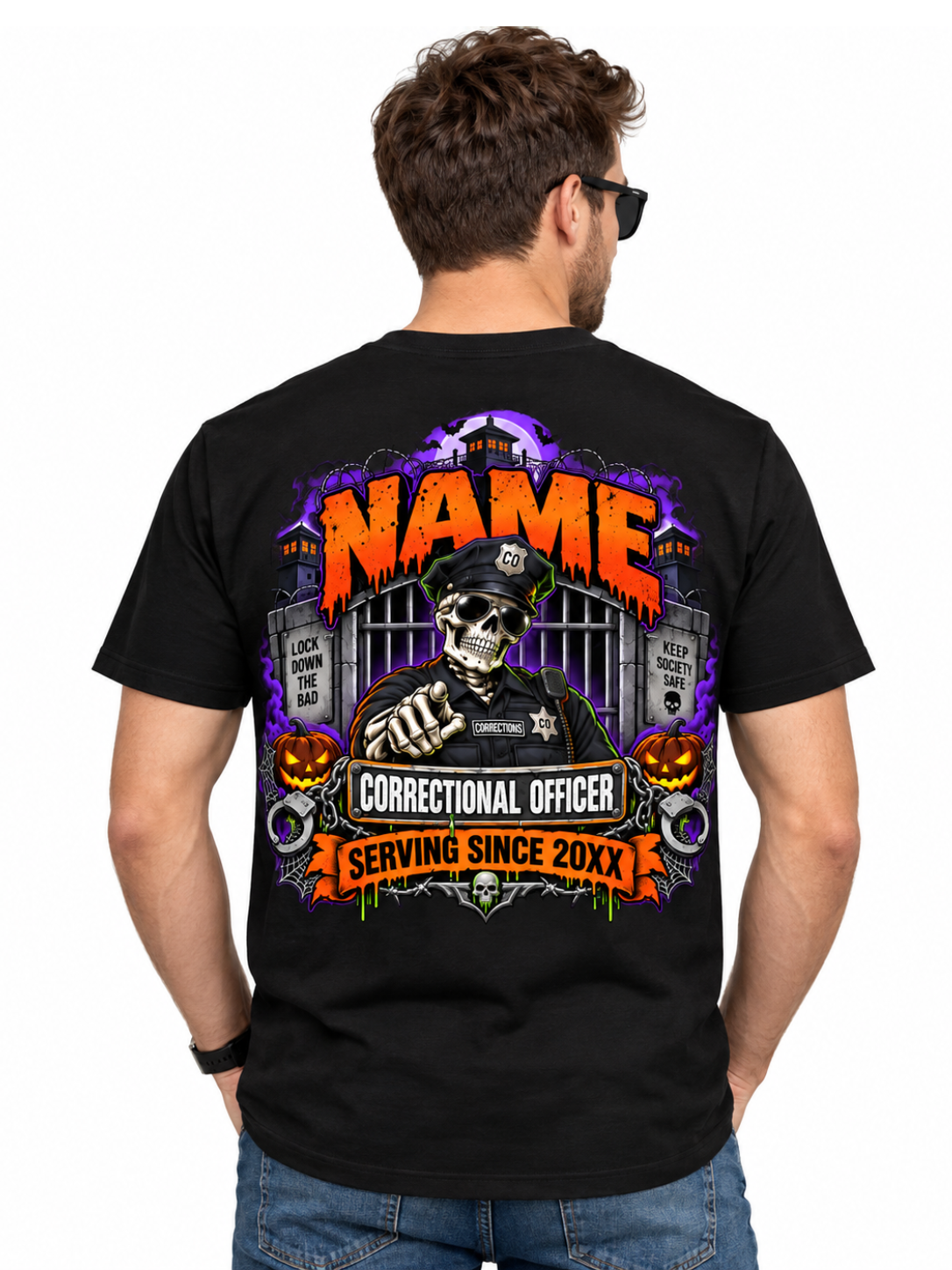 Custom "Trick or Cell" Halloween Correctional Officer T-Shirt — Personalized Front & Back Graphic Tee