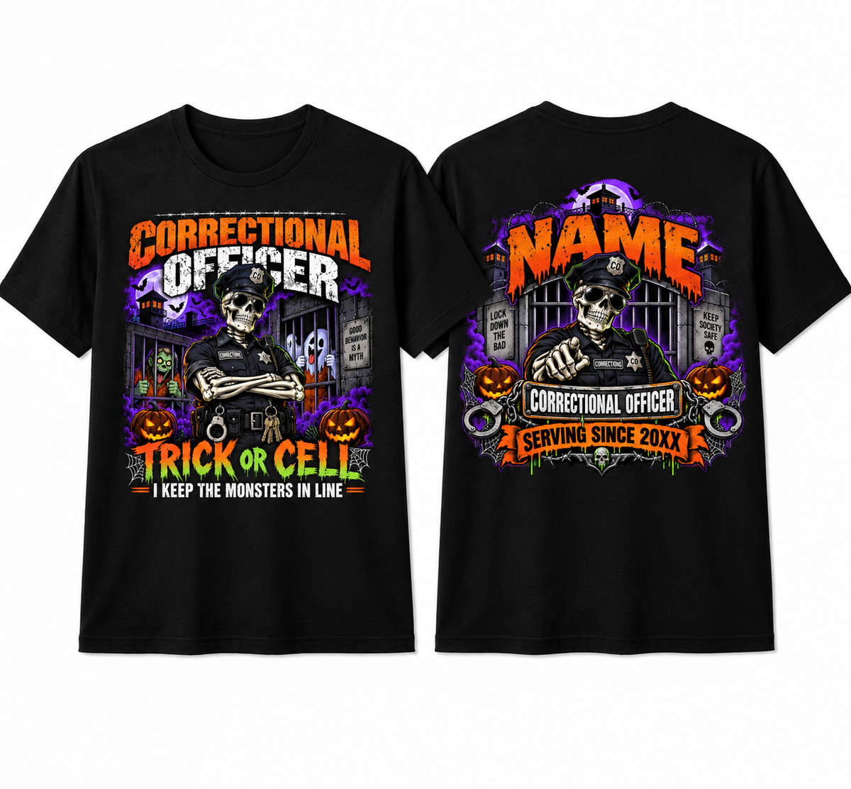 Custom "Trick or Cell" Halloween Correctional Officer T-Shirt — Personalized Front & Back Graphic Tee