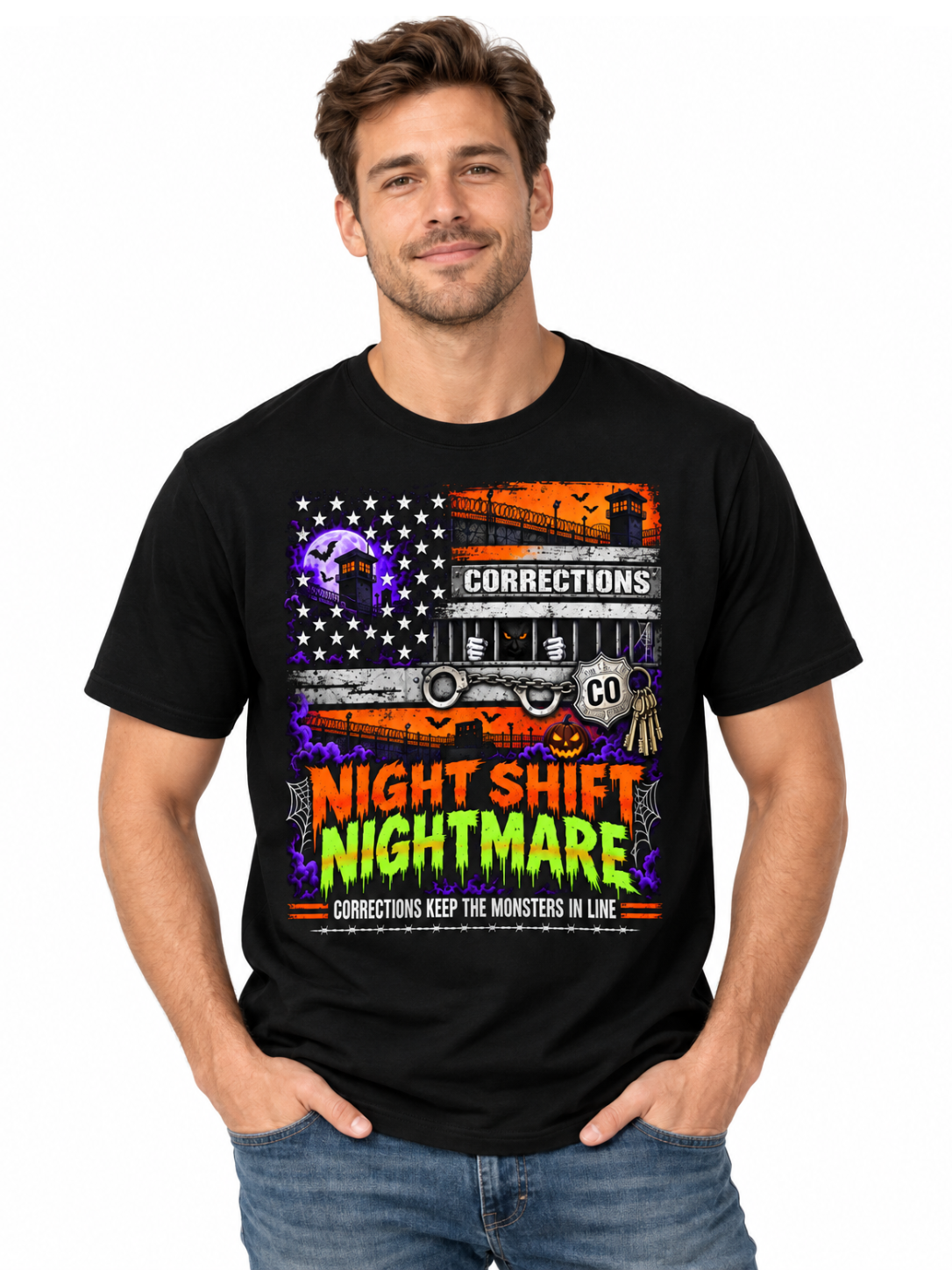 Custom "Night Shift Nightmare" Halloween Correctional Officer T-Shirt — Personalized Front & Back Graphic Tee