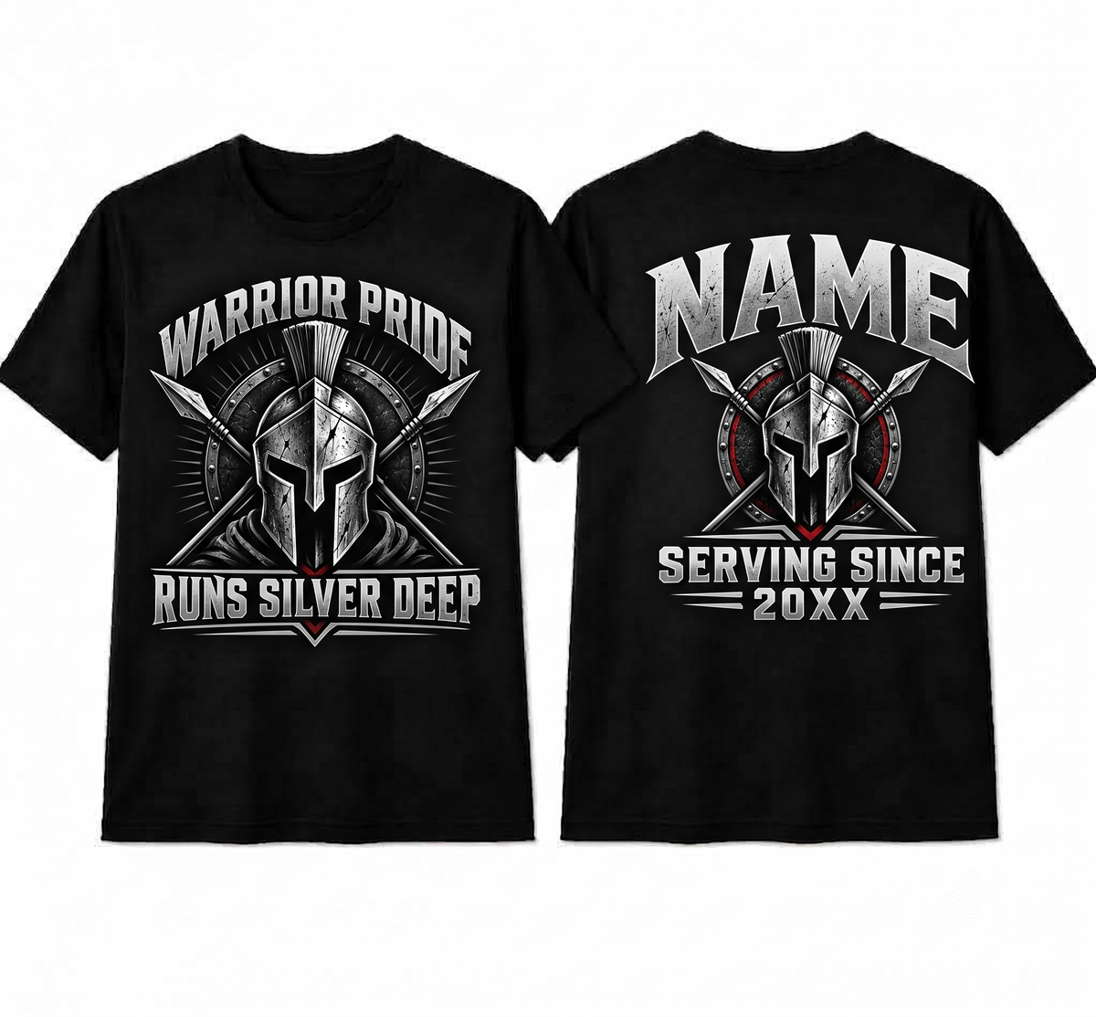 Personalized "Warrior Pride Runs Silver Deep" Correctional Officer T-Shirt — Spartan Helmet & Thin Silver Line (Front & Back)