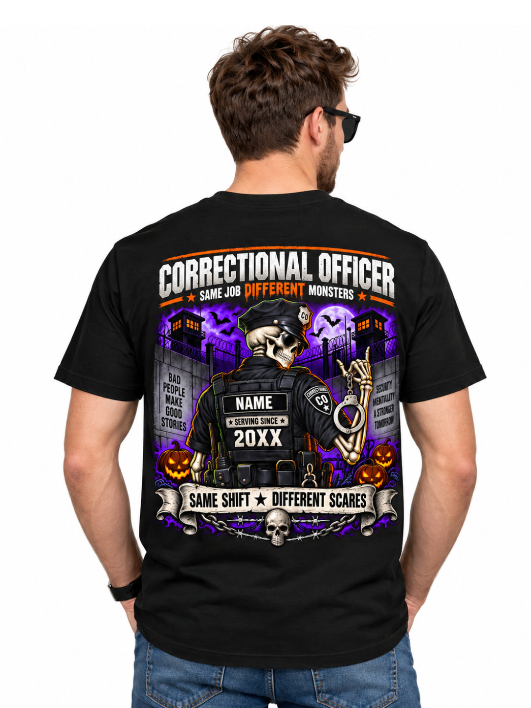 Custom "Night Shift Nightmare" Halloween Correctional Officer T-Shirt — Personalized Front & Back Graphic Tee