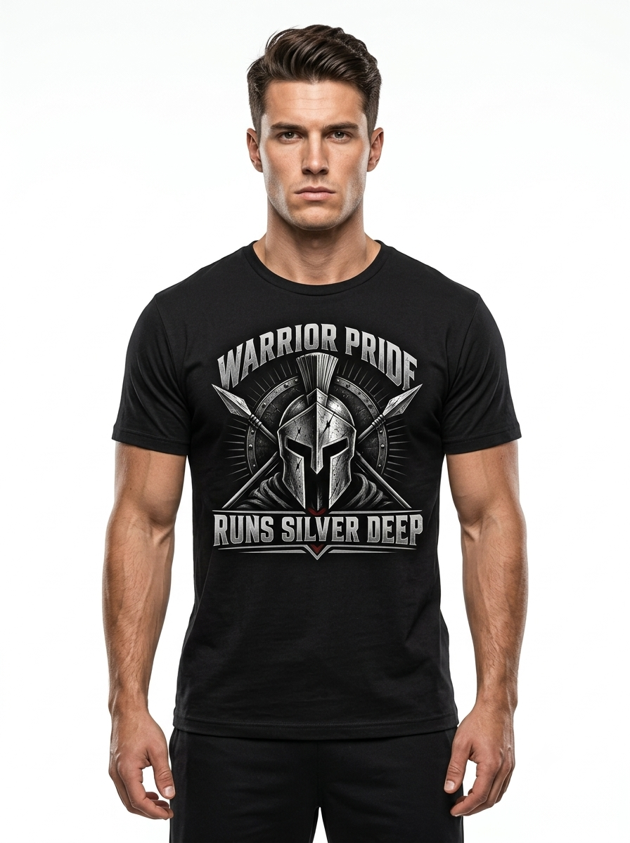 Personalized "Warrior Pride Runs Silver Deep" Correctional Officer T-Shirt — Spartan Helmet & Thin Silver Line (Front & Back)