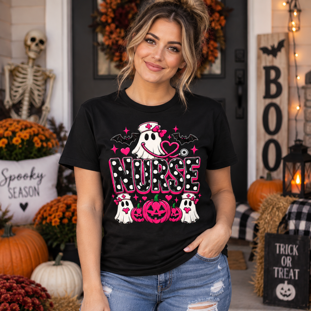 Personalized Halloween Nurse Shirt Custom Spooky Nurse T-Shirt Pumpkin Ghost Gift Unisex T-Shirt