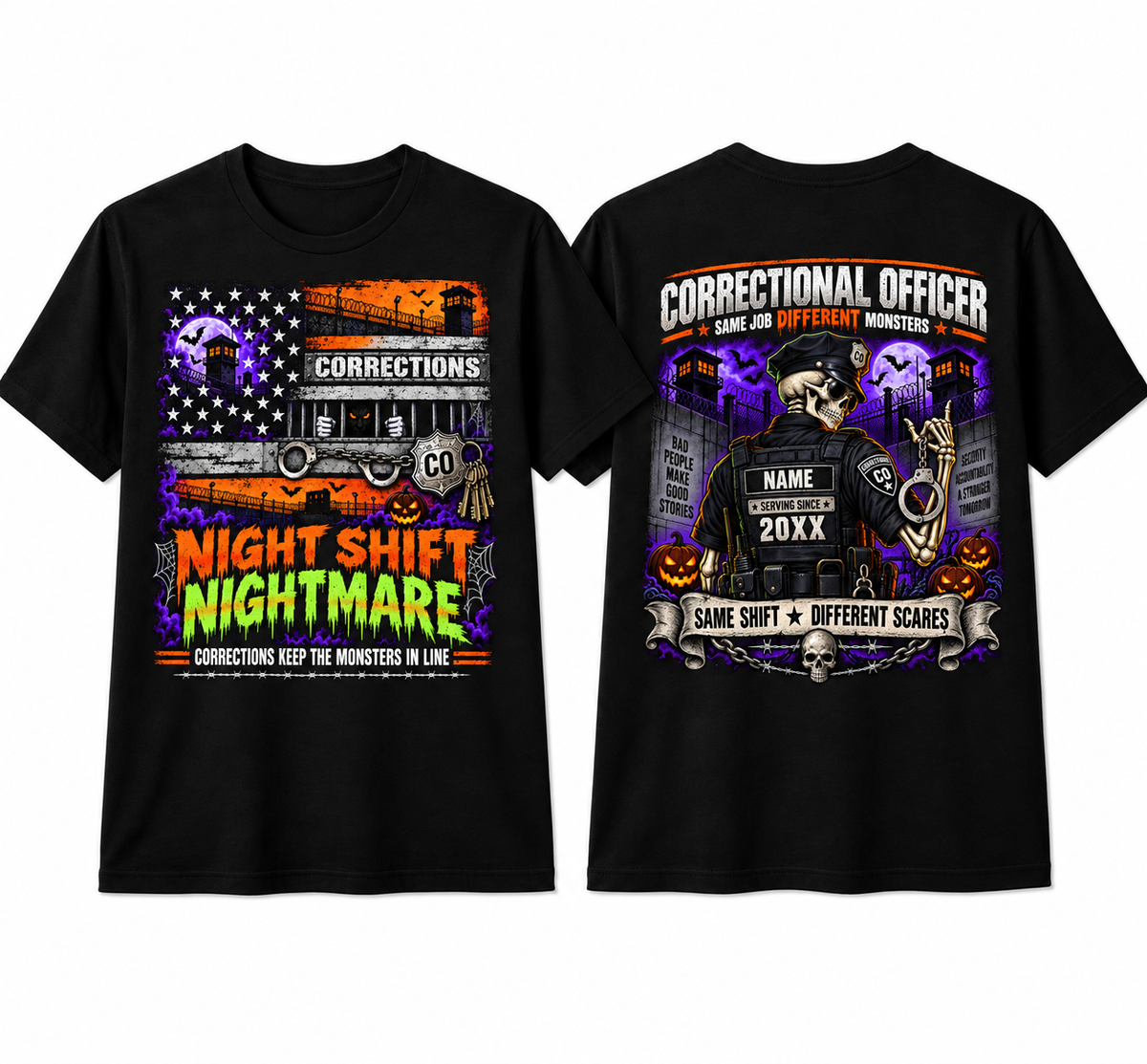Custom "Night Shift Nightmare" Halloween Correctional Officer T-Shirt — Personalized Front & Back Graphic Tee