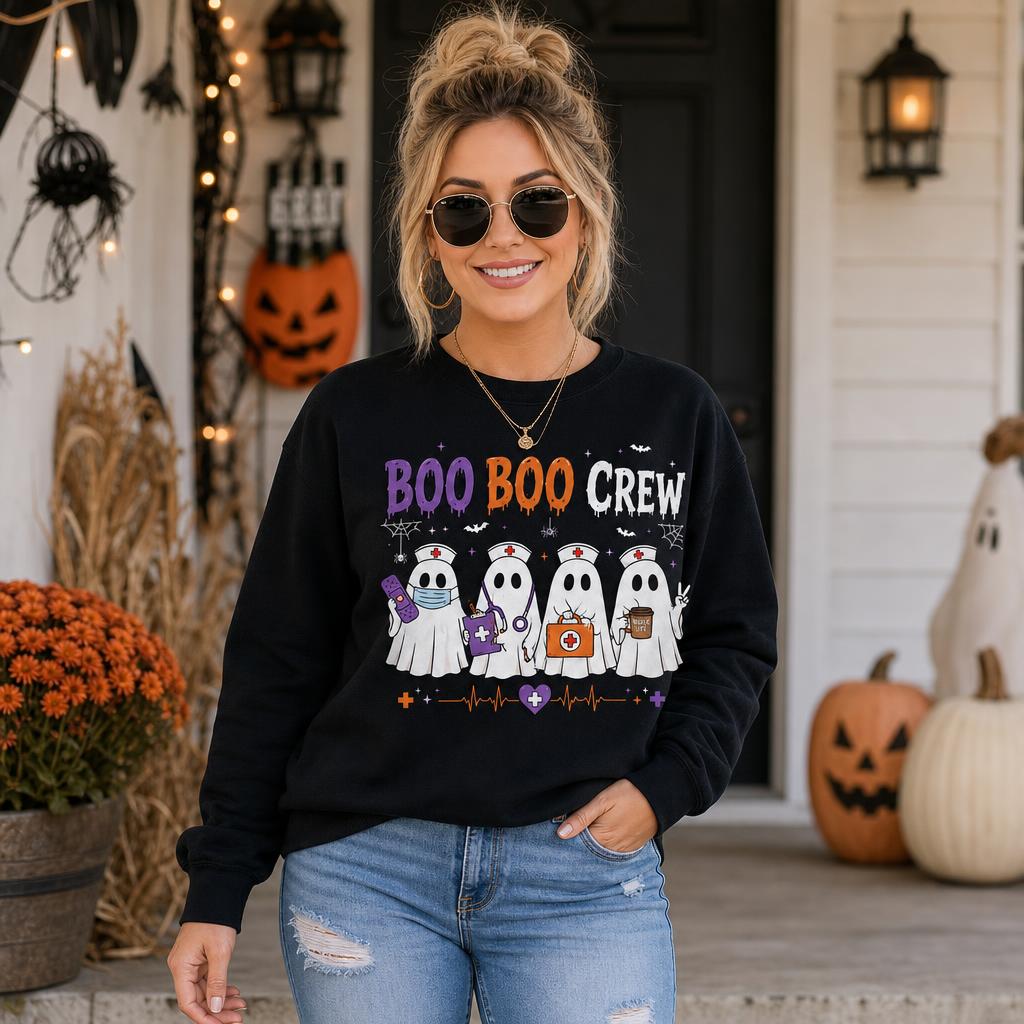 Personalized Halloween Nurse Sweatshirt Custom Name Boo Boo Crew Ghost Graphic RN LPN CNA Nurse Gift