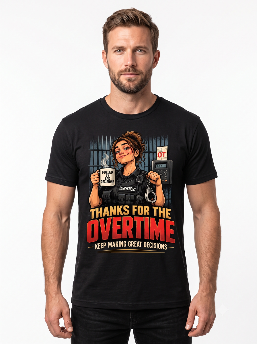 Custom Correctional Officer Shirt – "Thanks For The Overtime" Front & Back Duty Tee, Personalized Jailer & Deputy Gift