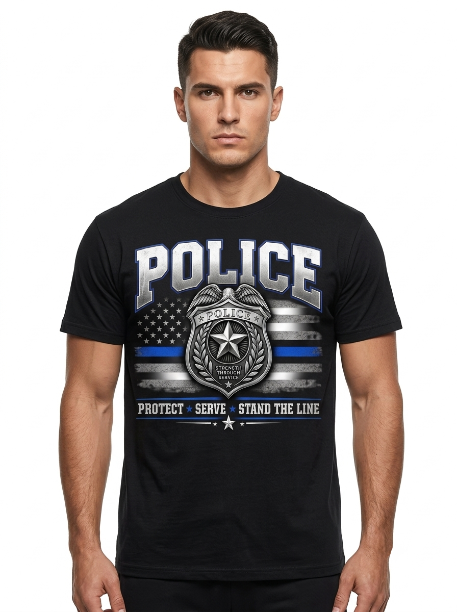 Personalized "Protect Serve Stand The Line" Police Officer T-Shirt — Thin Blue Line Badge & Flag (Front & Back)