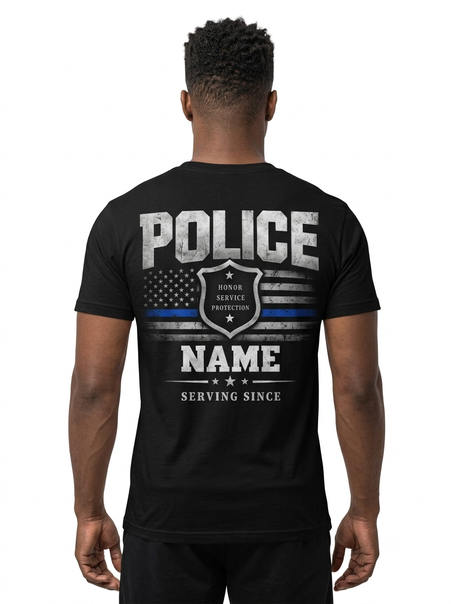 Personalized "Protect Serve Stand The Line" Police Officer T-Shirt — Thin Blue Line Badge & Flag (Front & Back)