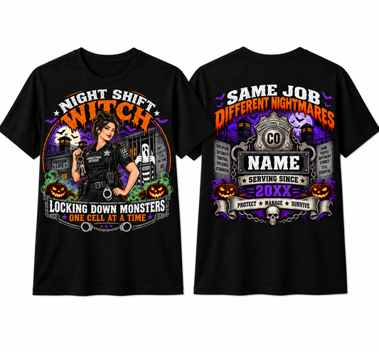 tom "Night Shift Witch" Halloween Female Correctional Officer T-Shirt — Personalized Front & Back Graphic Tee
