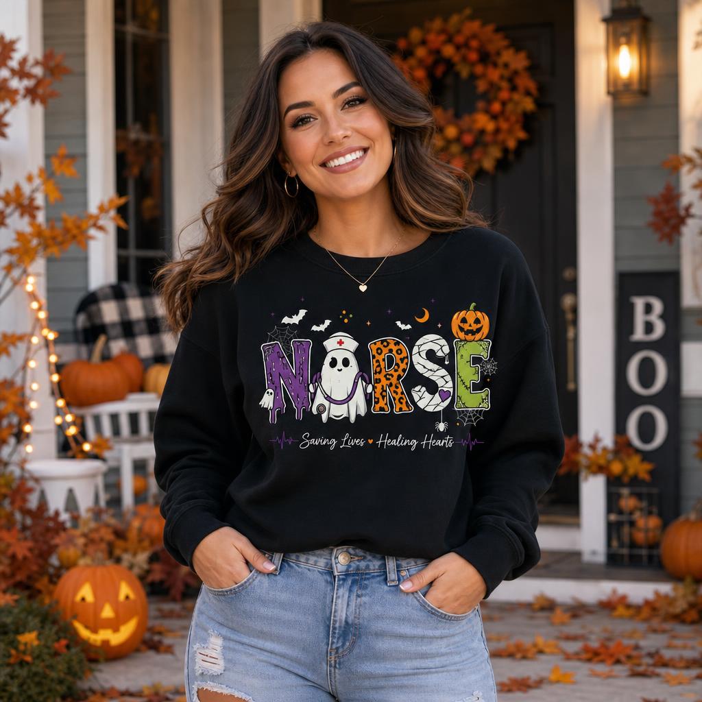 Personalized Nurse Halloween Sweatshirt Custom Name Nursing Costume Ghost Graphic RN LPN CNA Gift