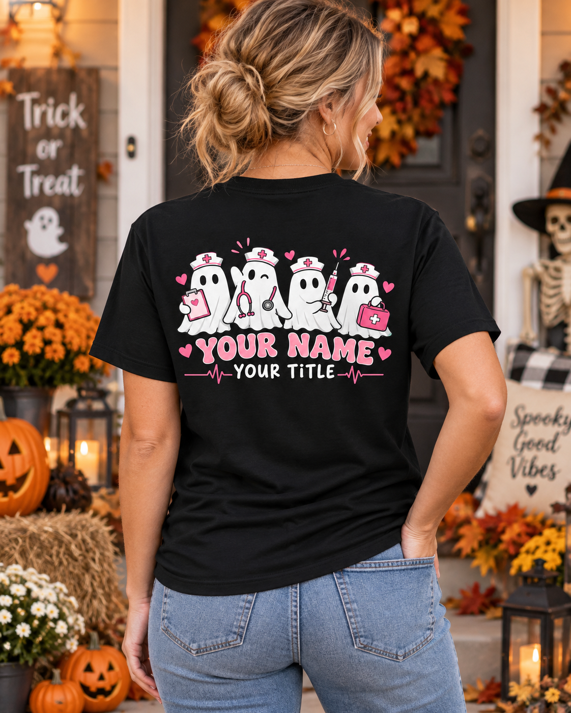 Custom Nurse Halloween Shirt, Cute Ghost Nurse Personalized Unisex T-Shirt, Spooky Medical Staff Gift