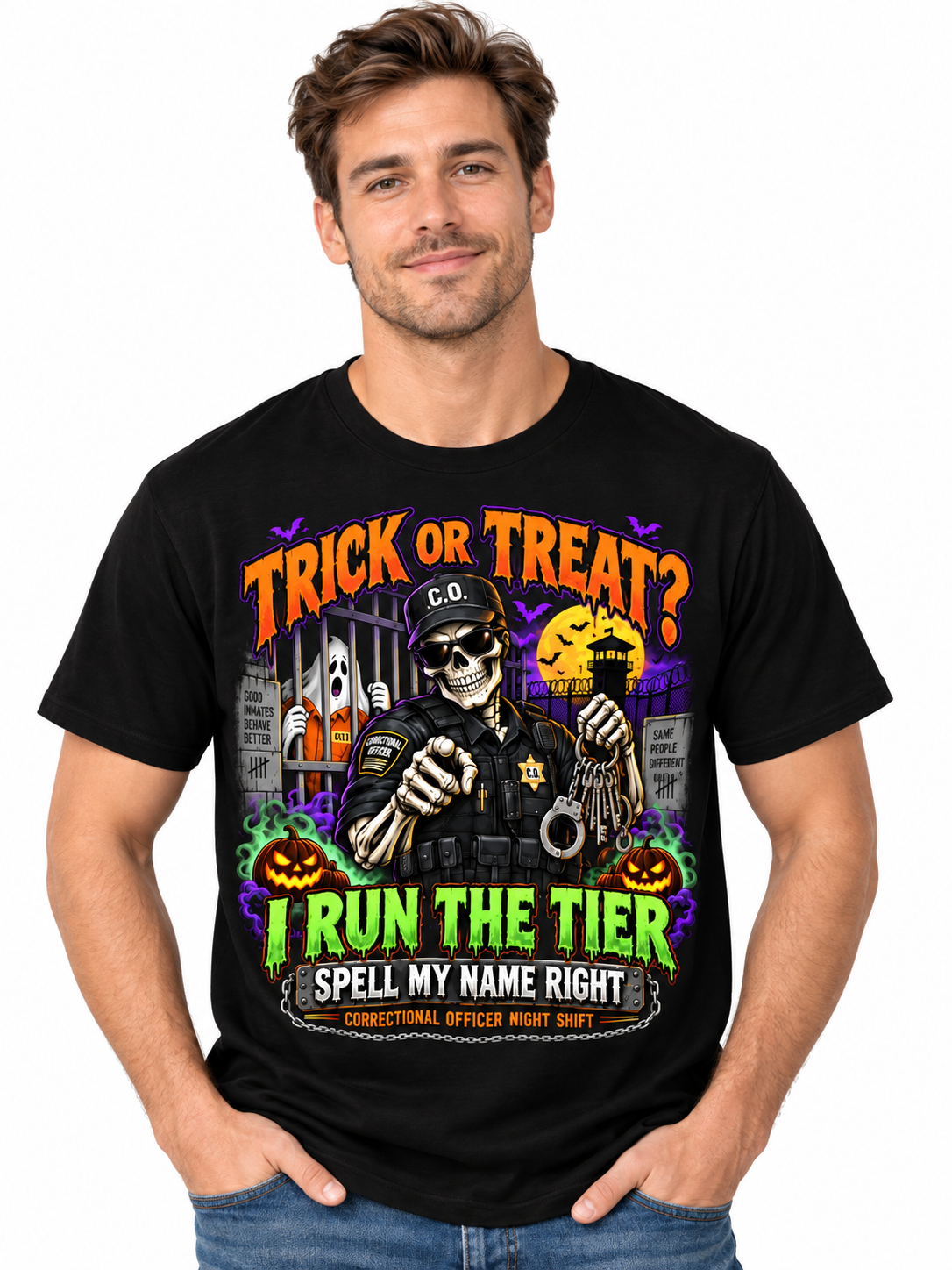 Custom "I Run The Tier" Halloween Correctional Officer T-Shirt — Personalized Front & Back Graphic Tee