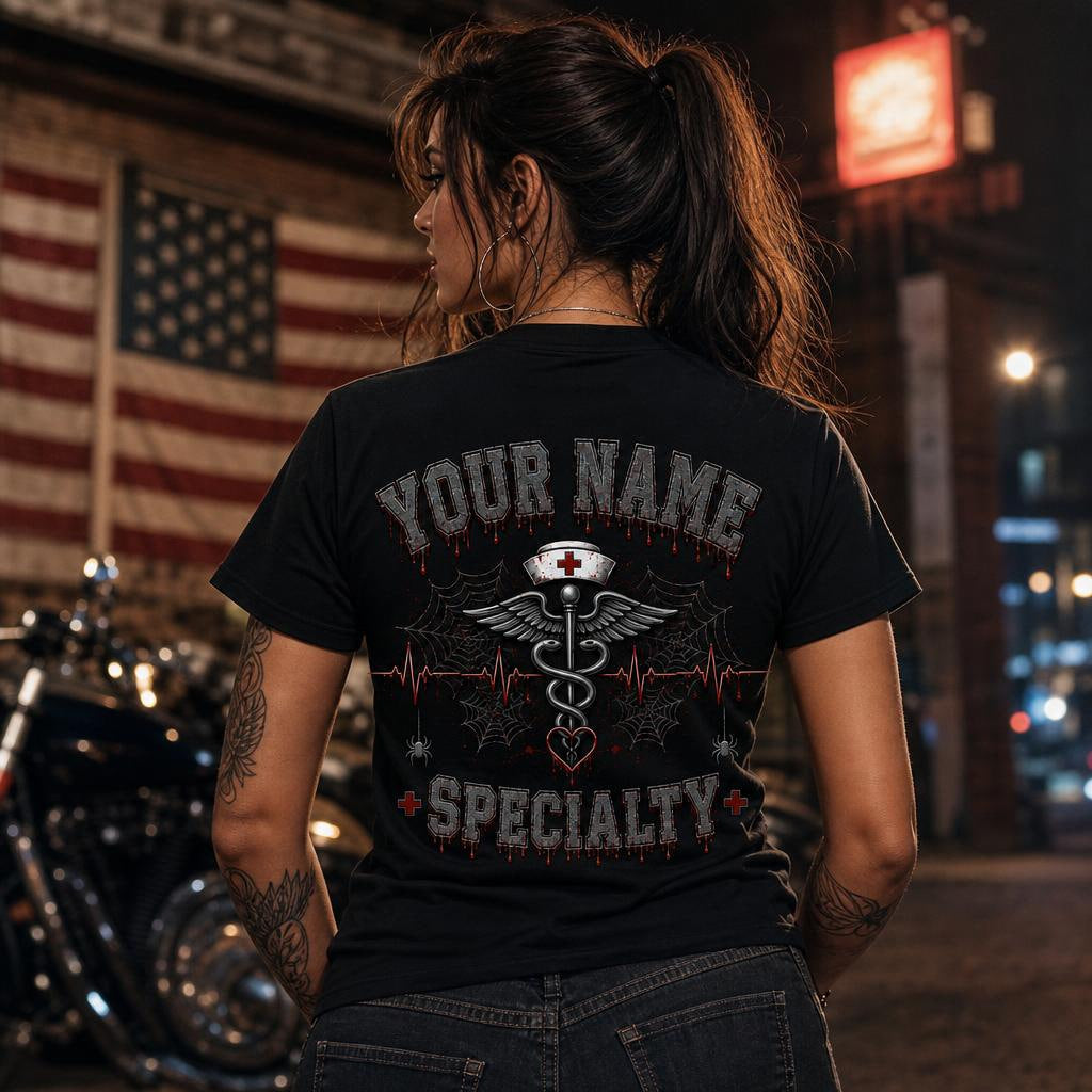 Personalized Spooky Nurse Shirt Custom Halloween RN Gift Embroidered Look Unisex T-Shirt