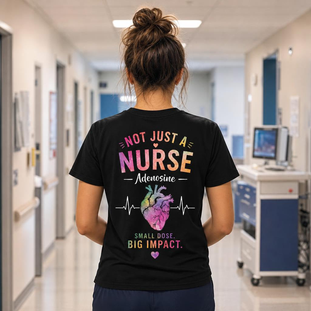 Funny Nurse Shirt Let The Beat Drop Adenosine Cardiac RN Front & Back T-Shirt
