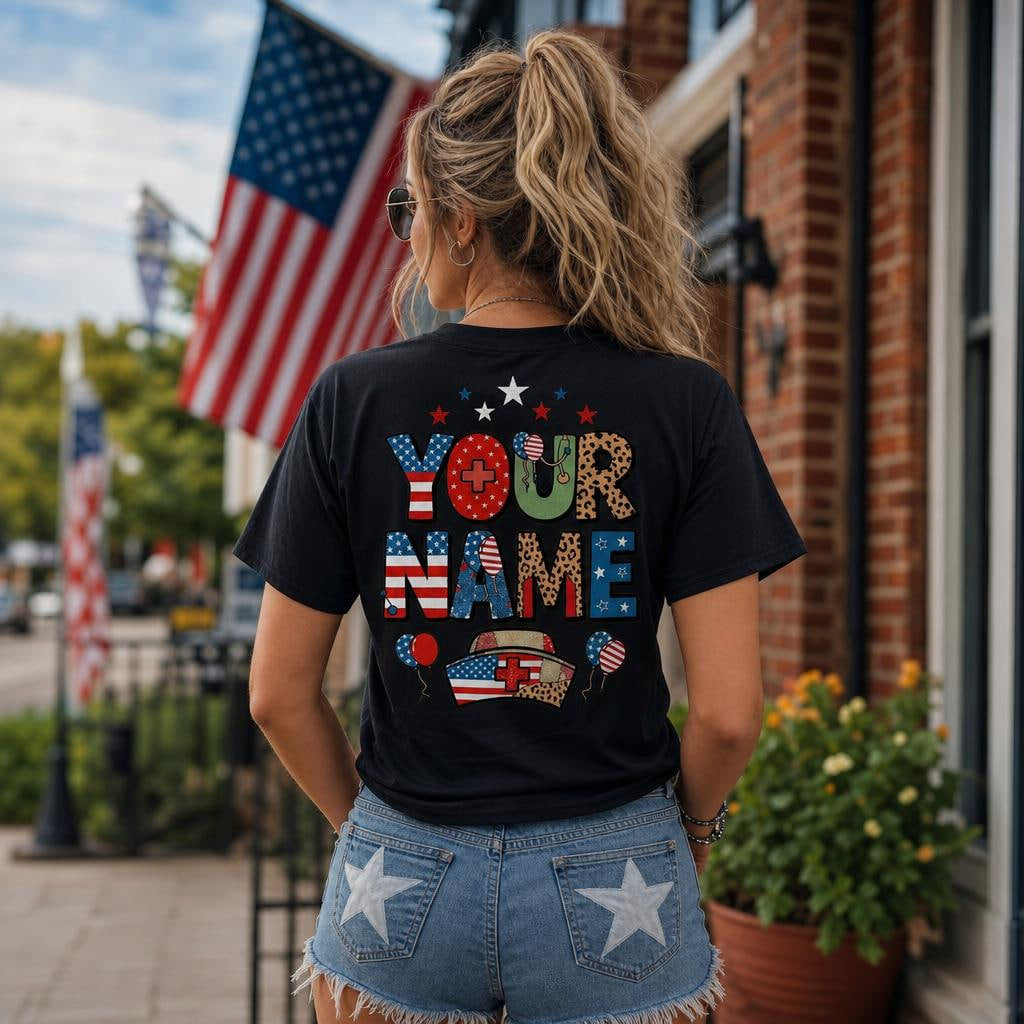 Personalized Patriotic Bow American Flag Shirt Custom 4th of July Unisex T-Shirt