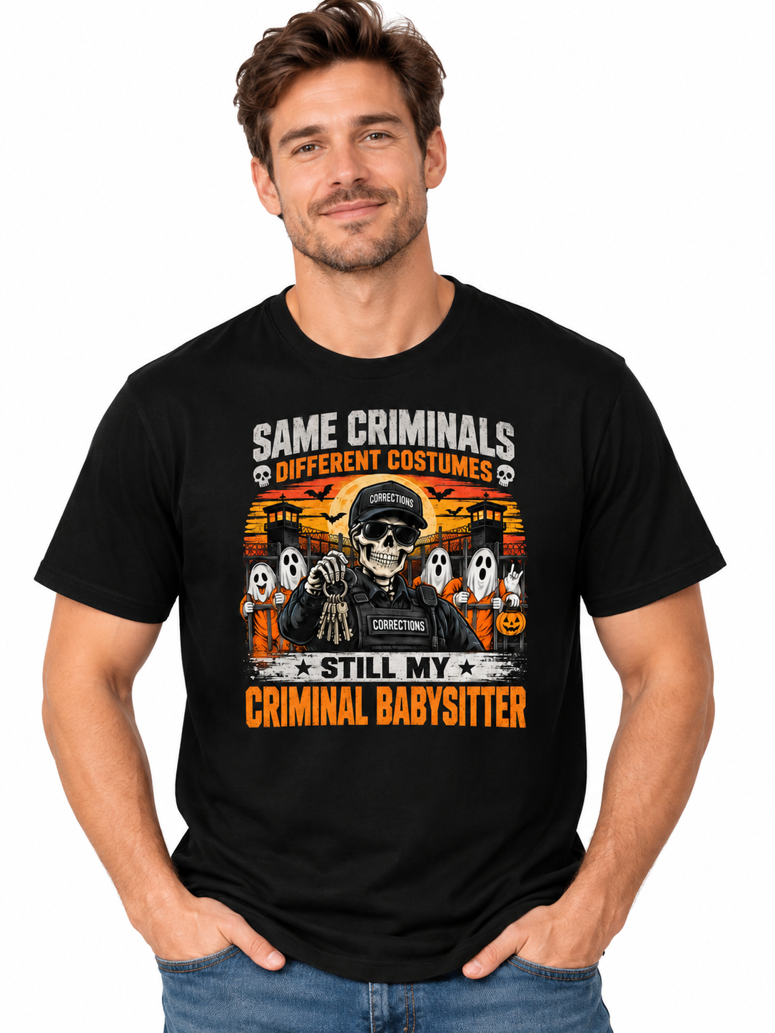 Criminal Babysitter" Halloween Correctional Officer T-Shirt — Personalized Front & Back Graphic Tee
