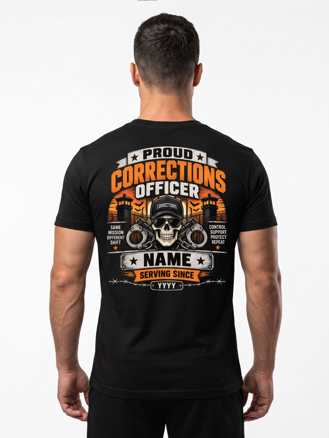 Criminal Babysitter" Halloween Correctional Officer T-Shirt — Personalized Front & Back Graphic Tee