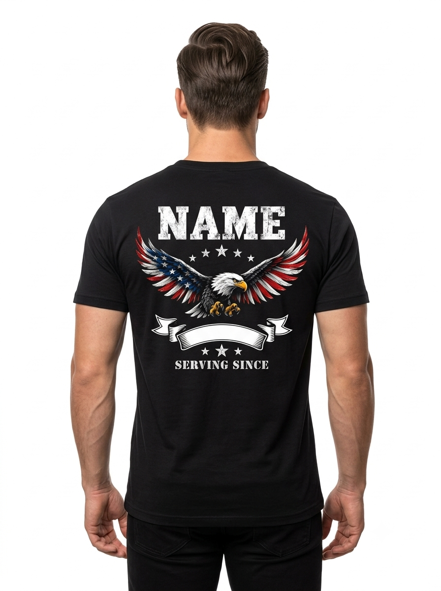 Personalized "Freedom - Born To Stand Free" Patriotic Bald Eagle T-Shirt — American Flag & Custom Name (Front & Back)