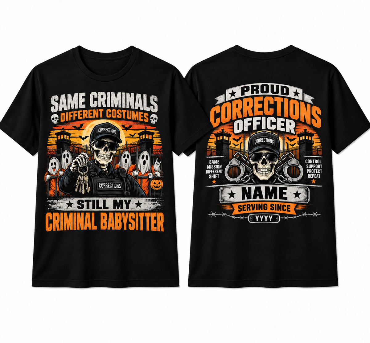 Criminal Babysitter" Halloween Correctional Officer T-Shirt — Personalized Front & Back Graphic Tee
