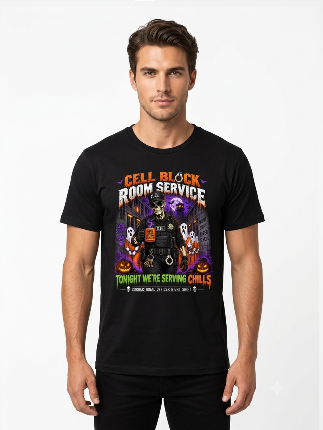 Cell Block Room Service" Halloween Correctional Officer T-Shirt — Personalized Front & Back Graphic Tee