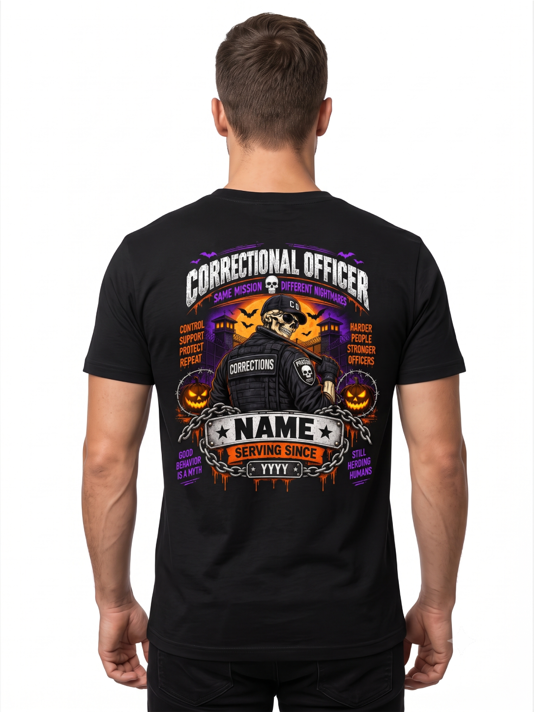 Cell Block Room Service" Halloween Correctional Officer T-Shirt — Personalized Front & Back Graphic Tee