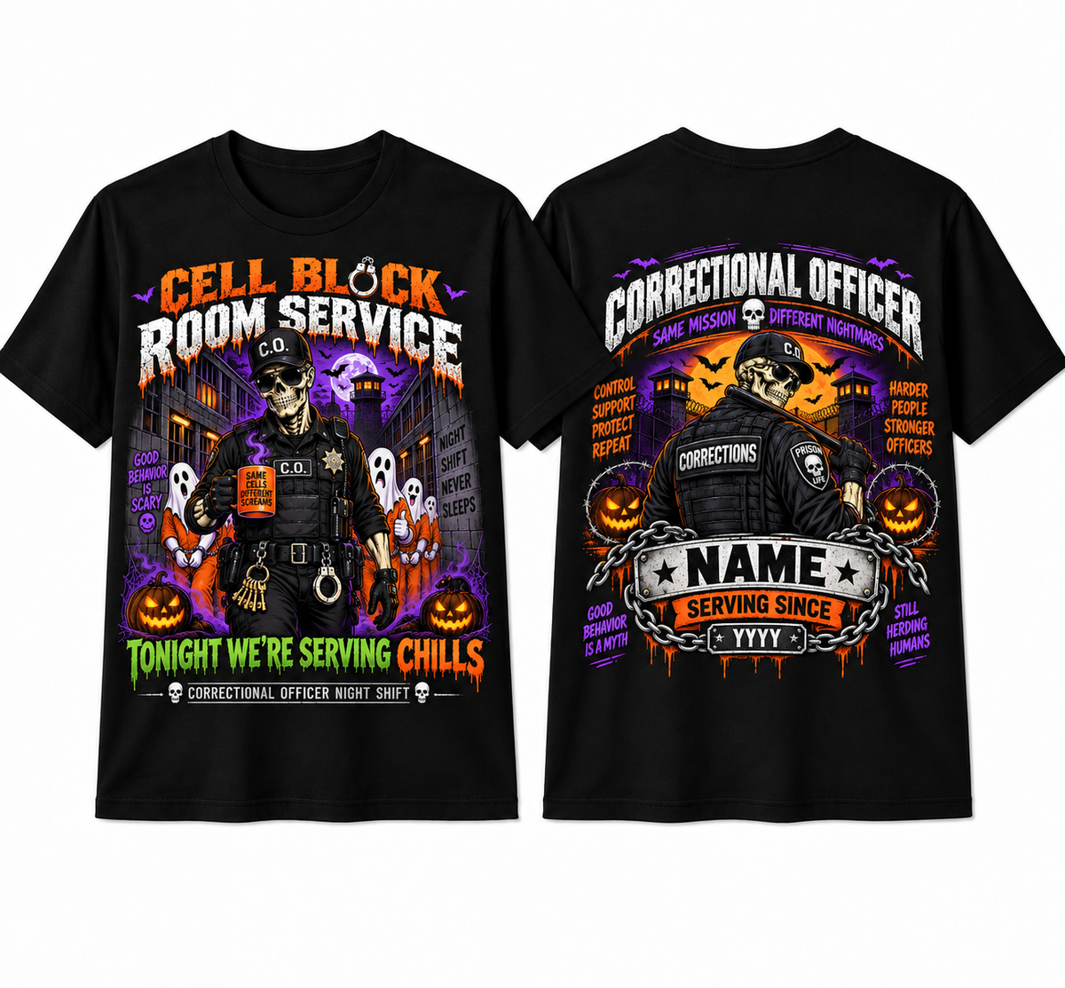 Cell Block Room Service" Halloween Correctional Officer T-Shirt — Personalized Front & Back Graphic Tee