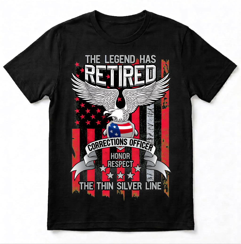 Custom Name Retired Corrections Officer Shirt, Thin Silver Line Legend Retirement Gift Tee
