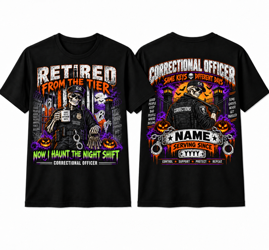 Retired From The Tier" Halloween Correctional Officer T-Shirt — Personalized Front & Back Graphic Tee
