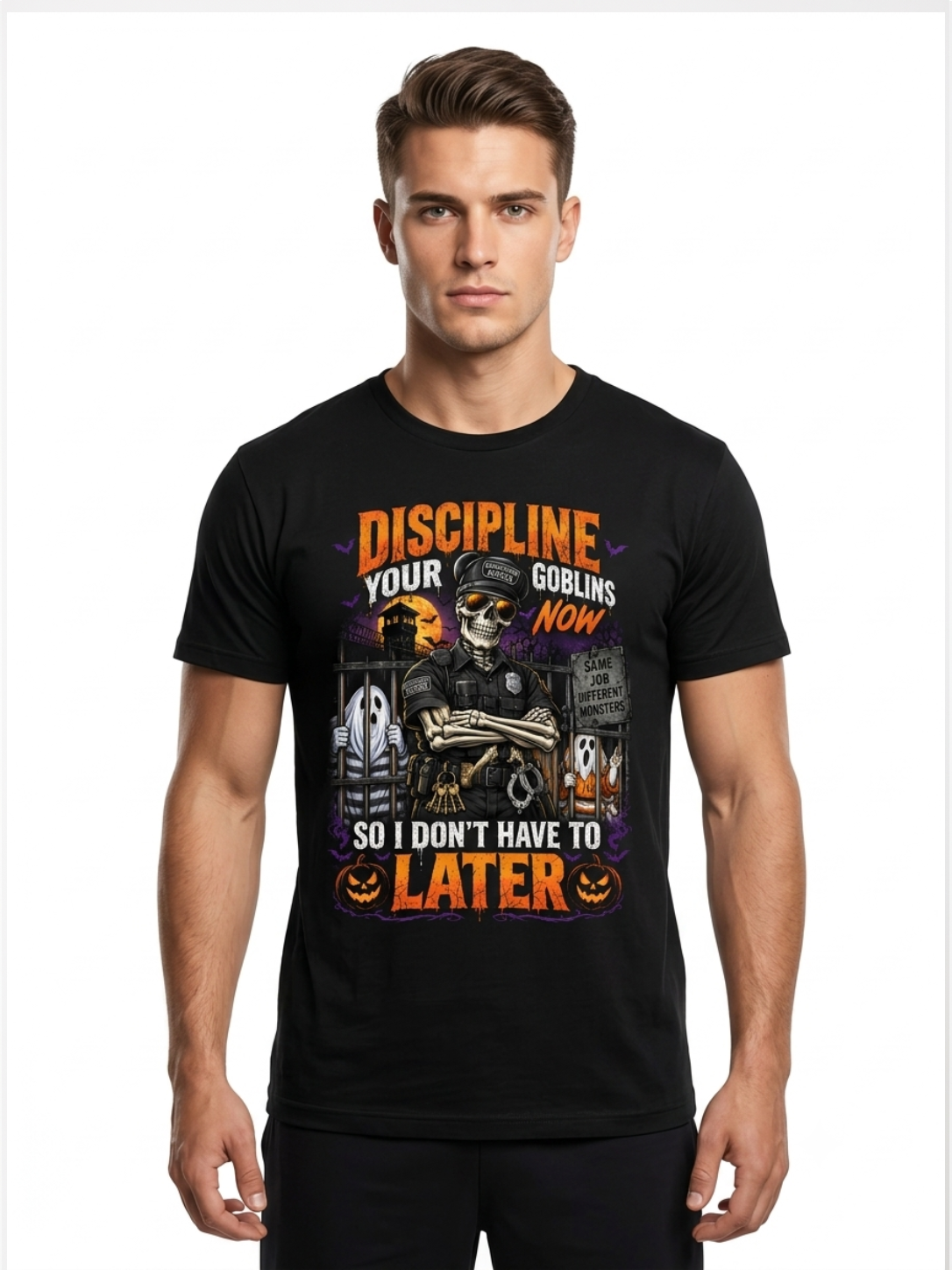 Custom "Discipline Your Goblins" Halloween Correctional Officer T-Shirt — Personalized Front & Back Graphic Tee