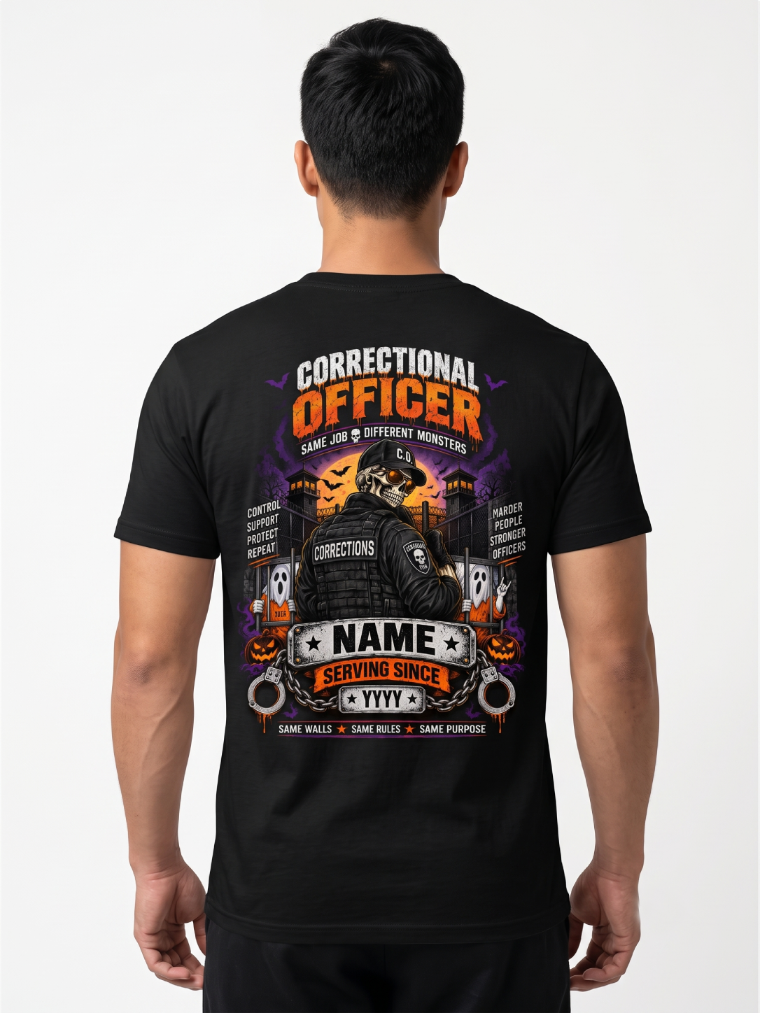 Custom "Discipline Your Goblins" Halloween Correctional Officer T-Shirt — Personalized Front & Back Graphic Tee
