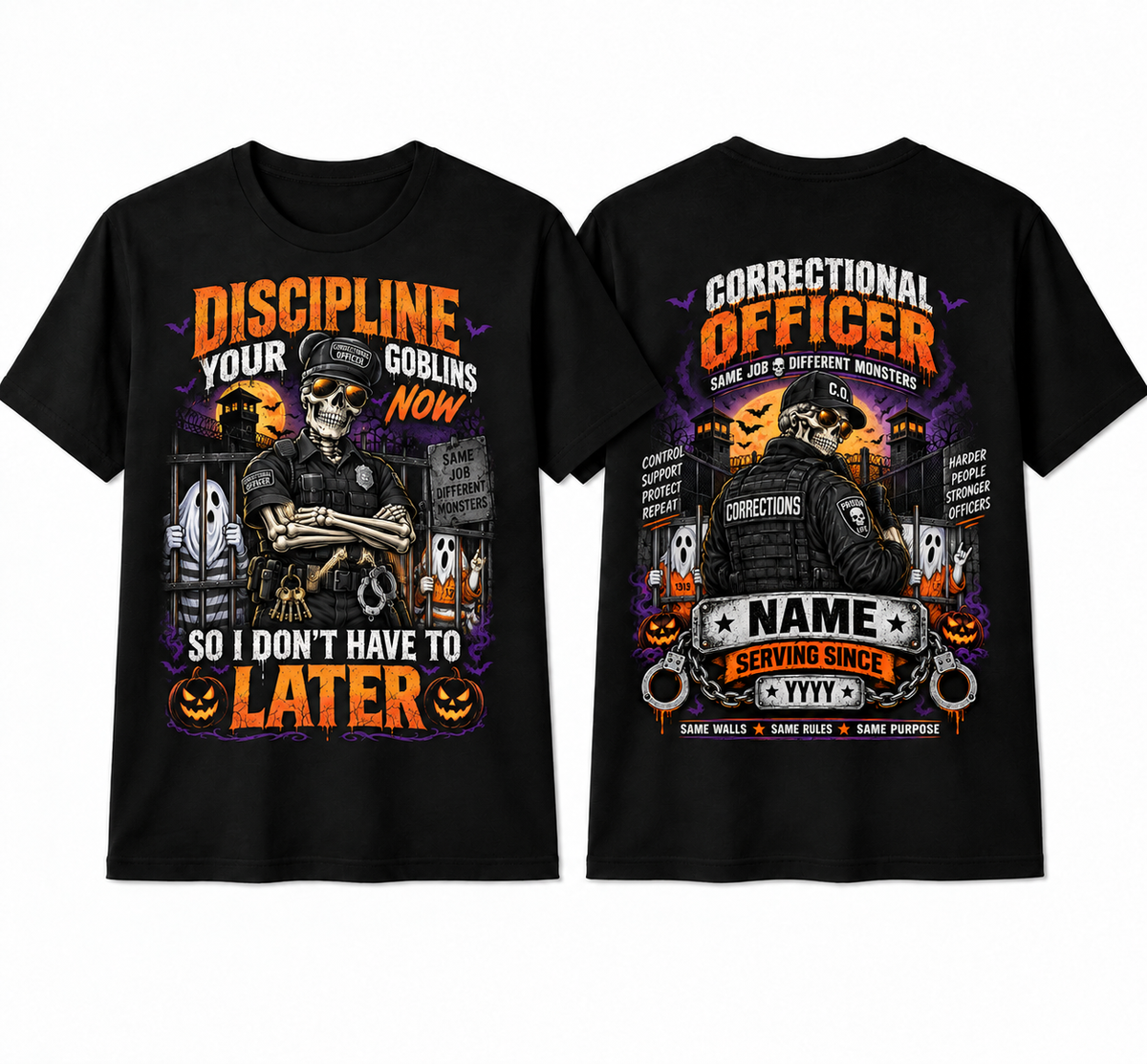 Custom "Discipline Your Goblins" Halloween Correctional Officer T-Shirt — Personalized Front & Back Graphic Tee