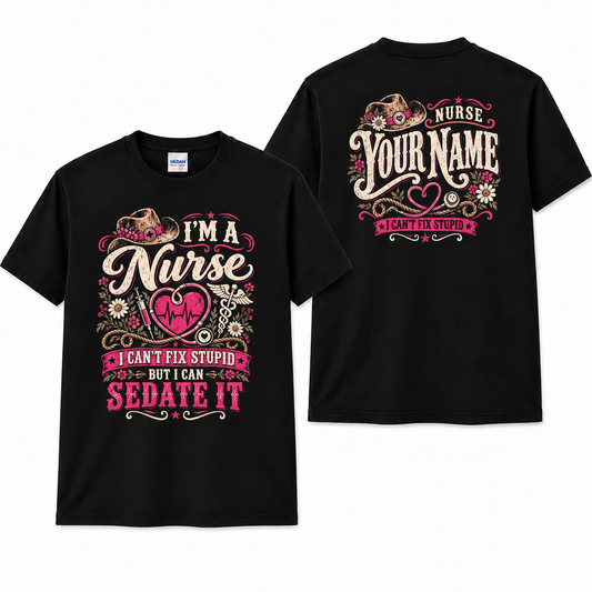 Funny Nurse T Shirt with Name Custom Cowgirl Hat Heart Stethoscope Graphic