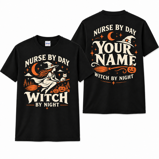 Nurse by Day Witch by Night Custom Name Shirt Halloween Nurse Broomstick T Shirt