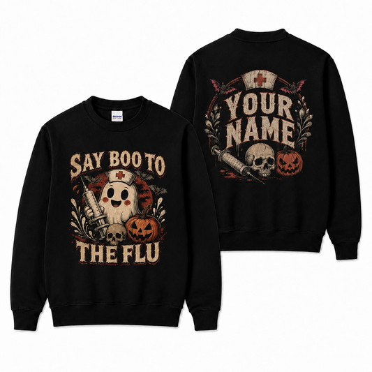 Nurse Ghost Say Boo to the Flu Halloween Sweatshirt Custom Name Pumpkin