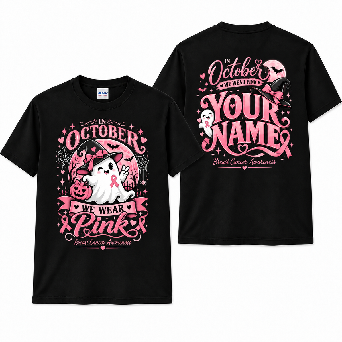 Custom Breast Cancer Awareness Shirt in October we Wear Pink Ghost Witch
