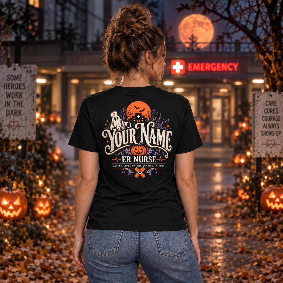 Custom ER Nurse Halloween Ghost Shirt with Pumpkin and Medical Caduceus Gift