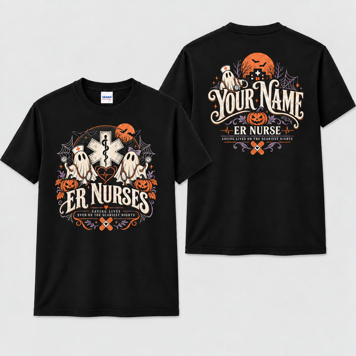 Custom ER Nurse Halloween Ghost Shirt with Pumpkin and Medical Caduceus Gift