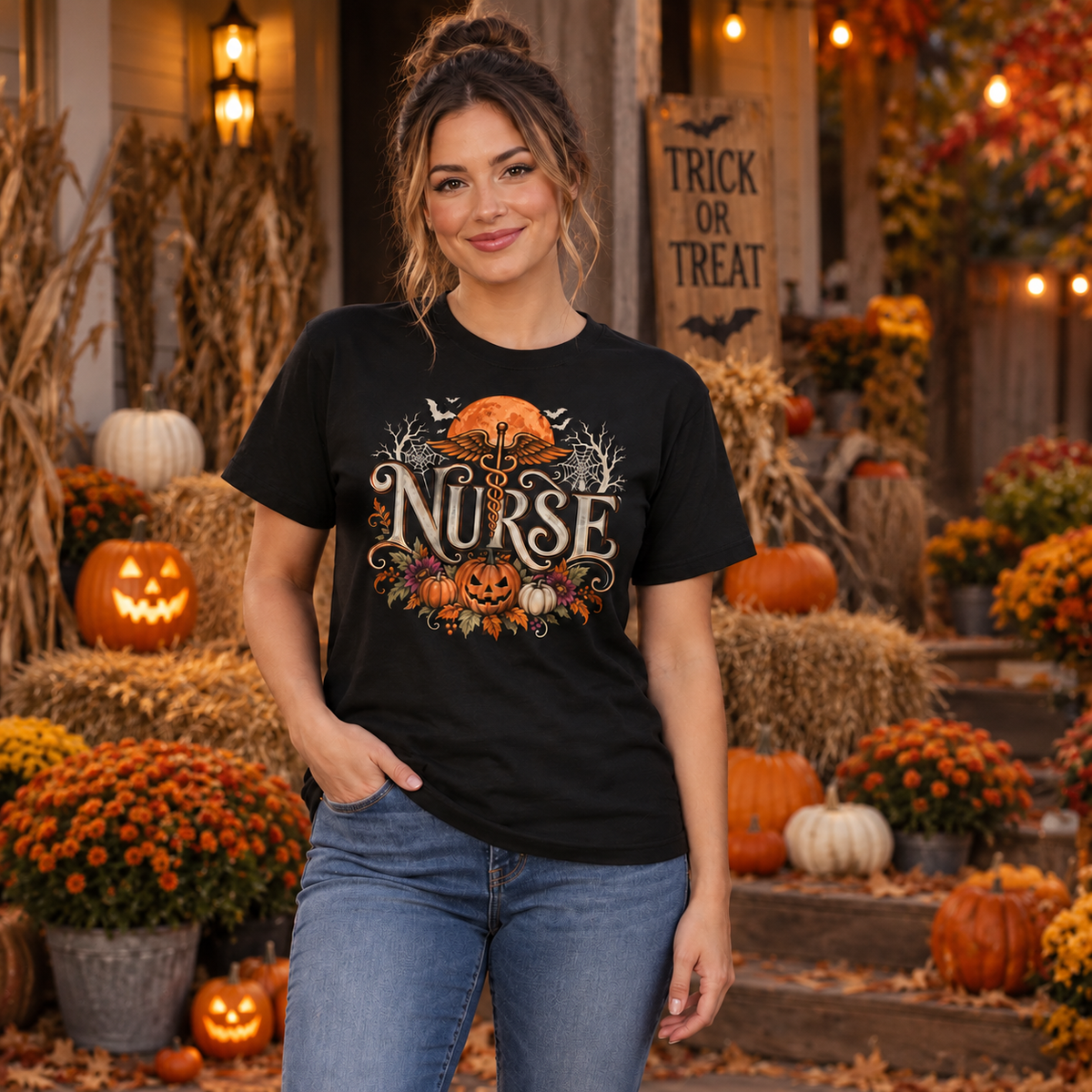 Personalized Nurse Halloween Shirt with Pumpkin and Stethoscope Autumn Gift