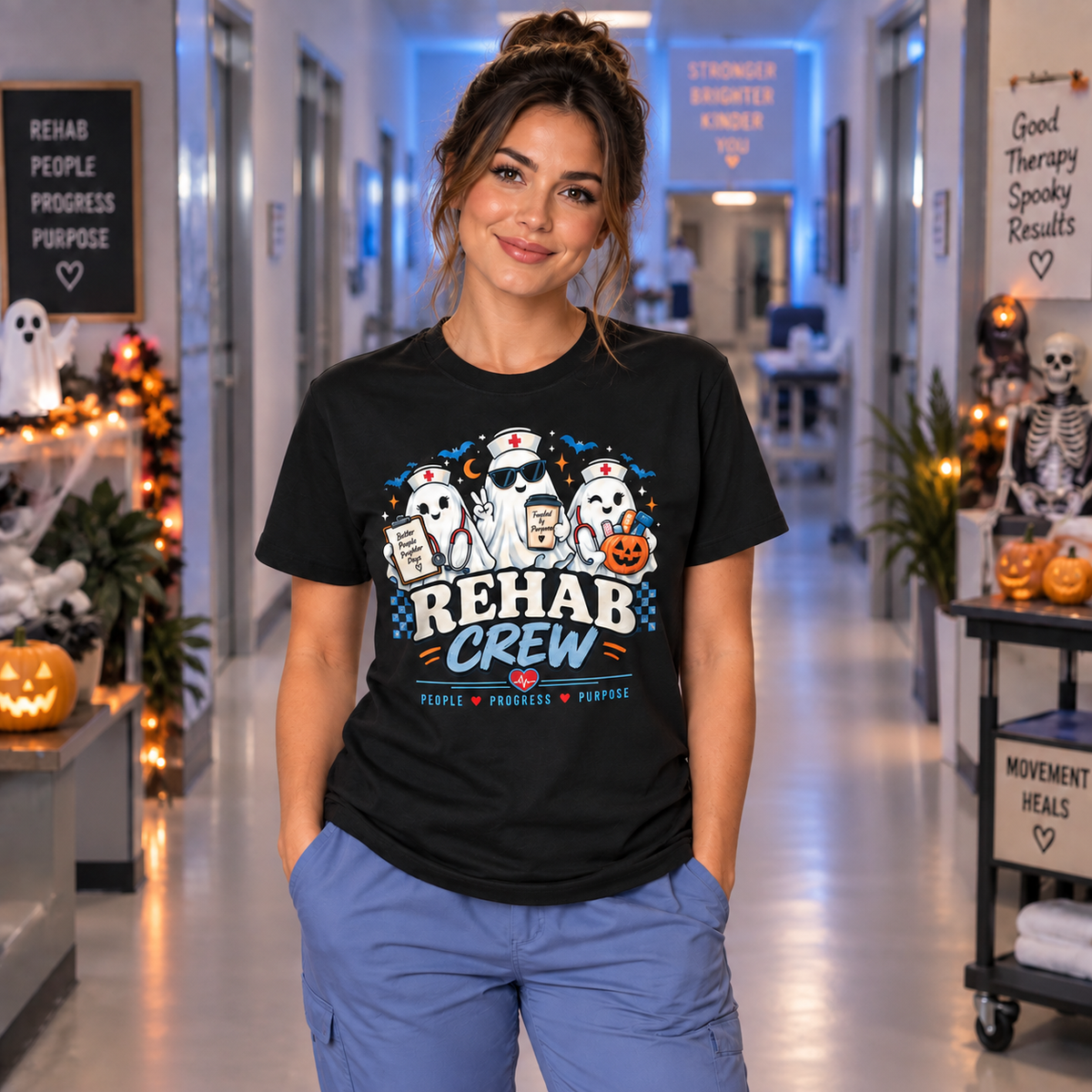 Custom Rehab Crew Halloween Shirt with Ghost Stethoscope Pumpkin Graphic Tee