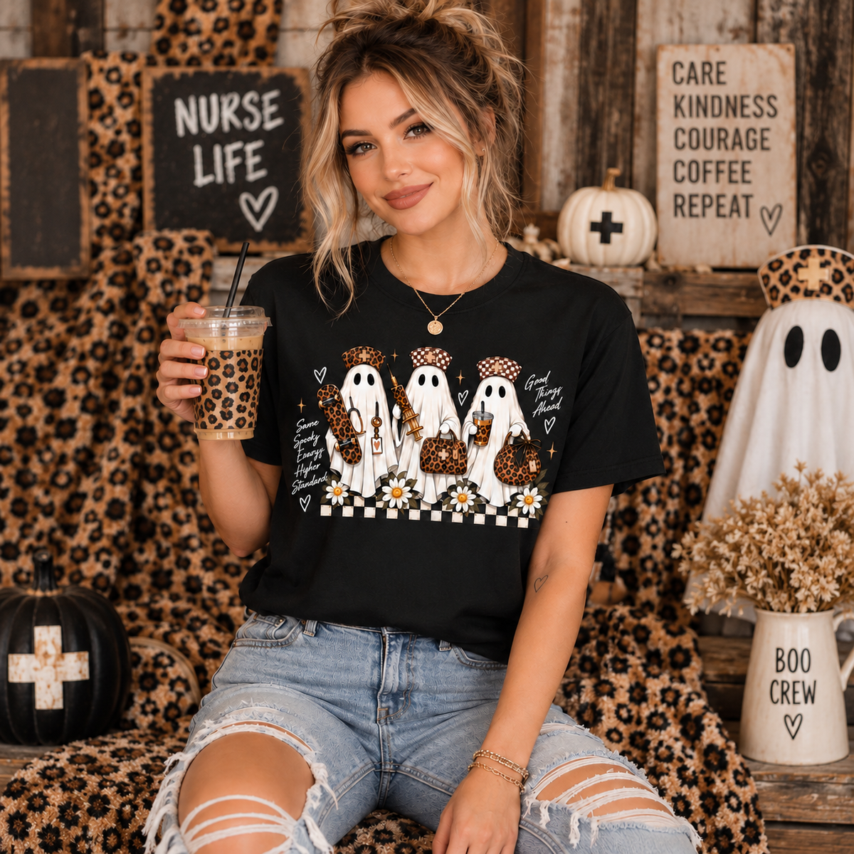 Custom Nurse Halloween Shirt with Ghost Syringe and Leopard Checkerboard Tee