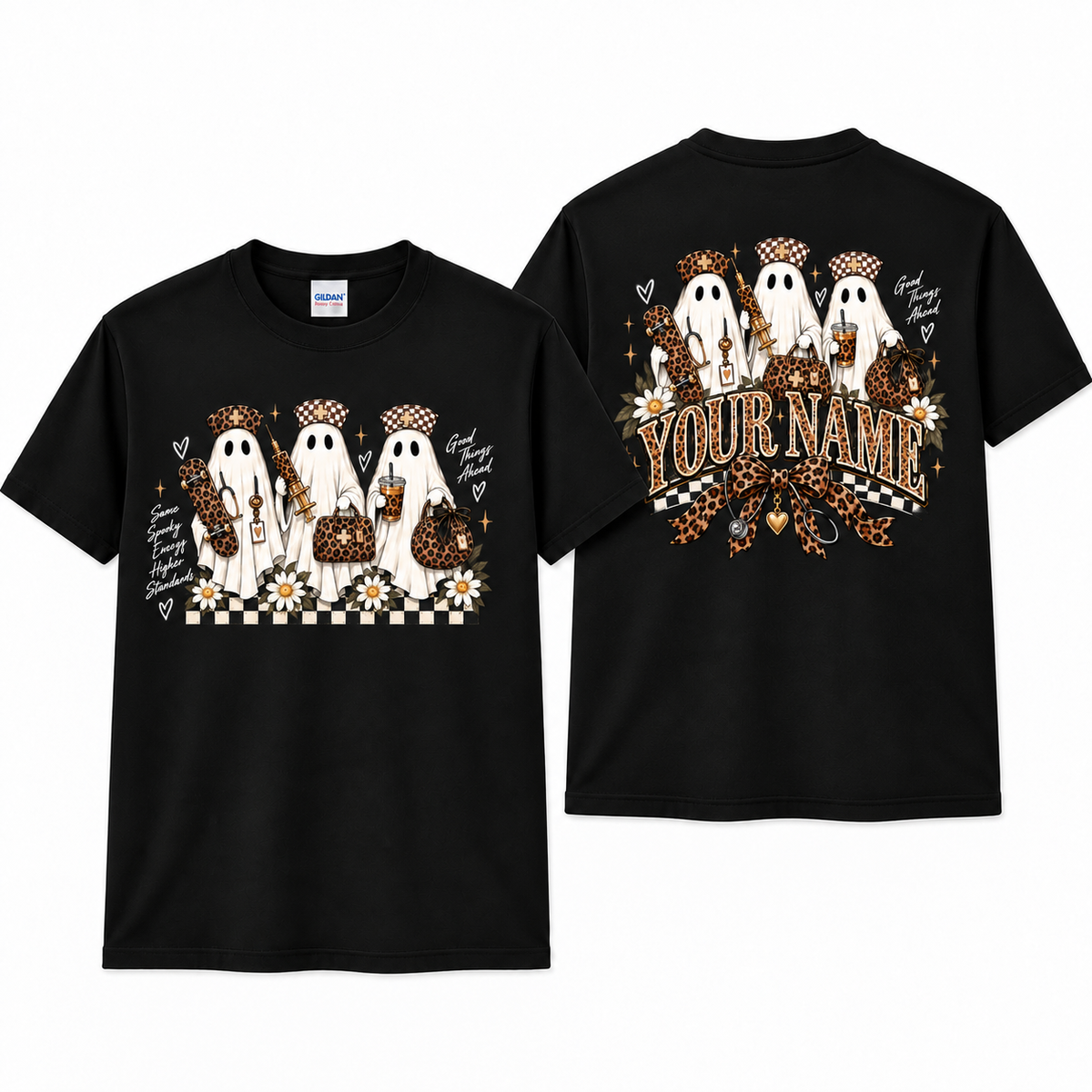 Custom Nurse Halloween Shirt with Ghost Syringe and Leopard Checkerboard Tee