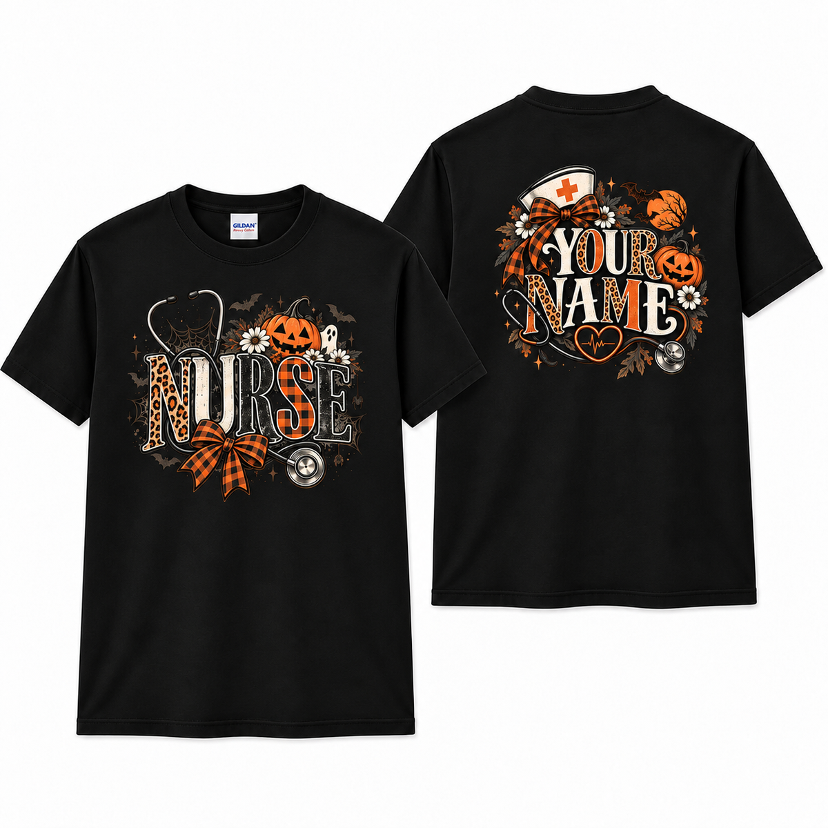 Custom Nurse Halloween Shirt with Stethoscope Leopard Pumpkin Bow Tee