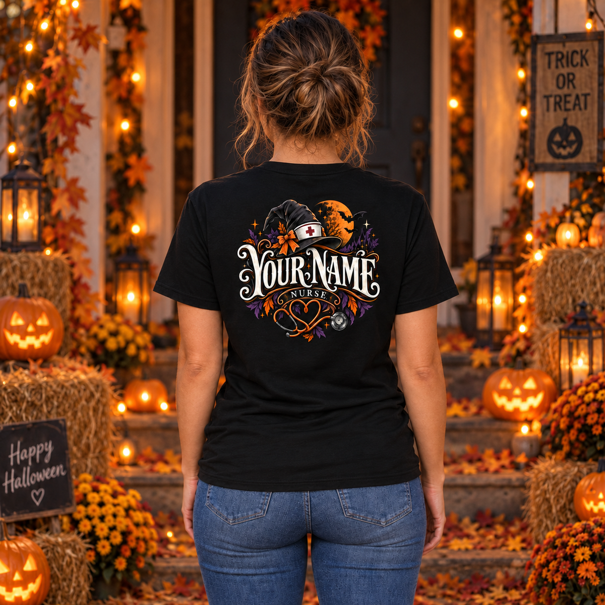 Custom Nurse Halloween Shirt with Pumpkin Ghost Witch Hat Stethoscope Design