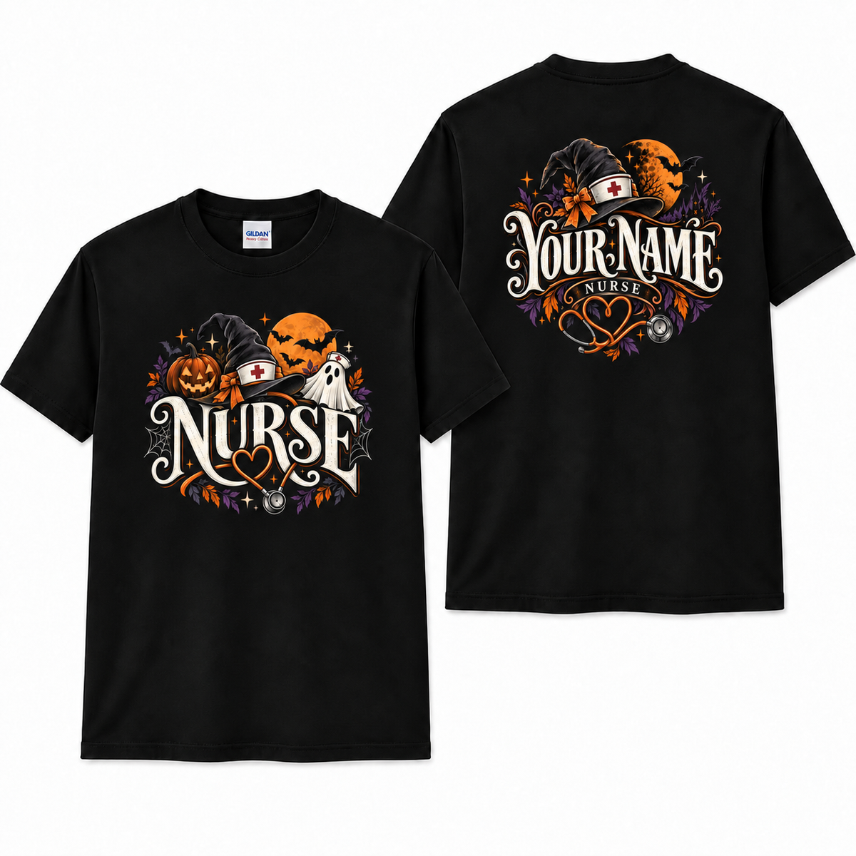 Custom Nurse Halloween Shirt with Pumpkin Ghost Witch Hat Stethoscope Design