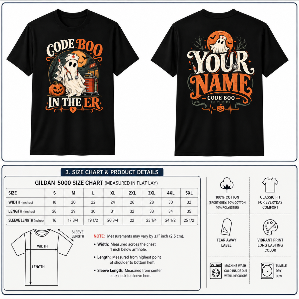 Custom Name Nurse Ghost Halloween Cute Retro Graphic Tee Code Boo in the ER