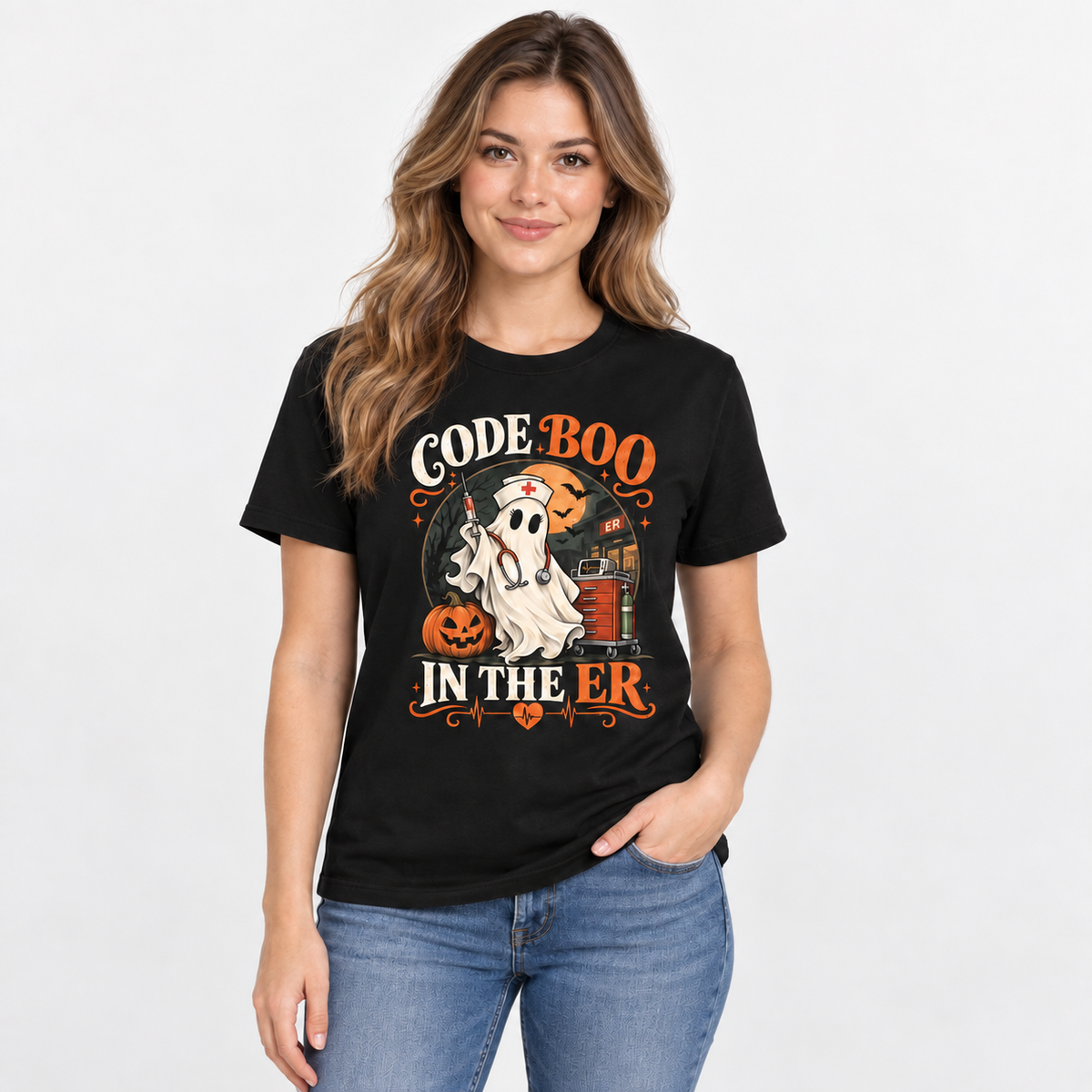 Custom Name Nurse Ghost Halloween Cute Retro Graphic Tee Code Boo in the ER